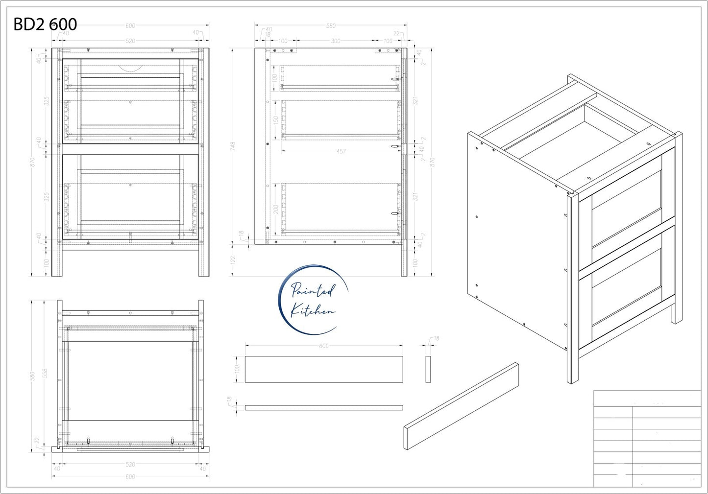 BD2 600 - 600mm Wide 2 drawer base plus a hidden internal drawer - The Painted Kitchen Company Ltd