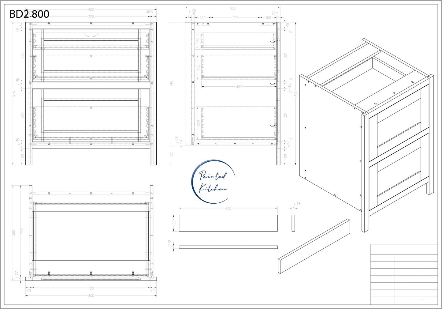 BD2 800 - 800mm 2 drawer base plus a hidden internal drawer - The Painted Kitchen Company Ltd