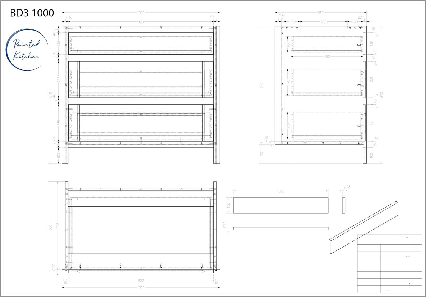 BD3 1000 - 1000mm Wide 3 drawer base unit - The Painted Kitchen Company Ltd