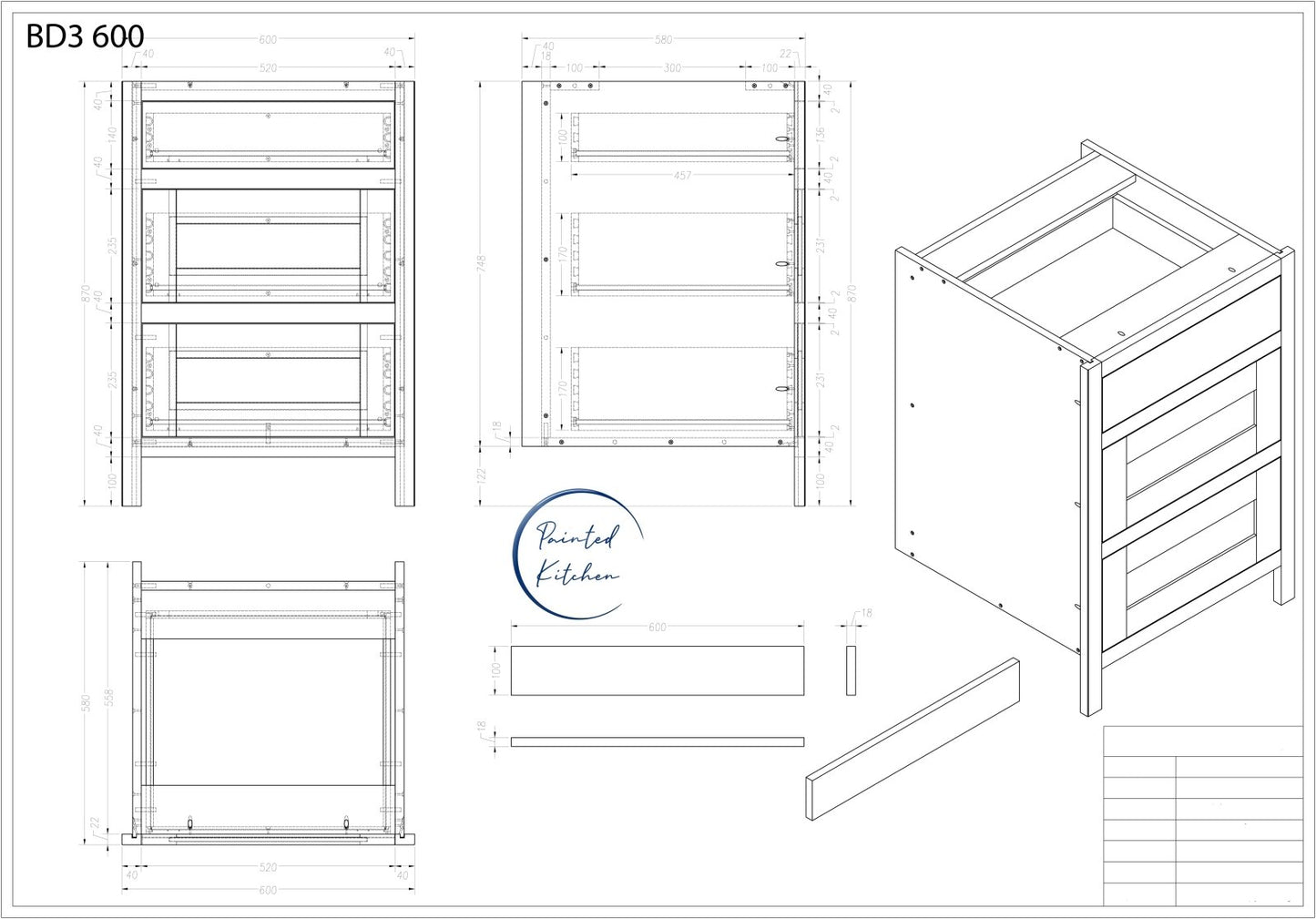 BD3 600 - 600mm Wide 3 drawer base unit - The Painted Kitchen Company Ltd