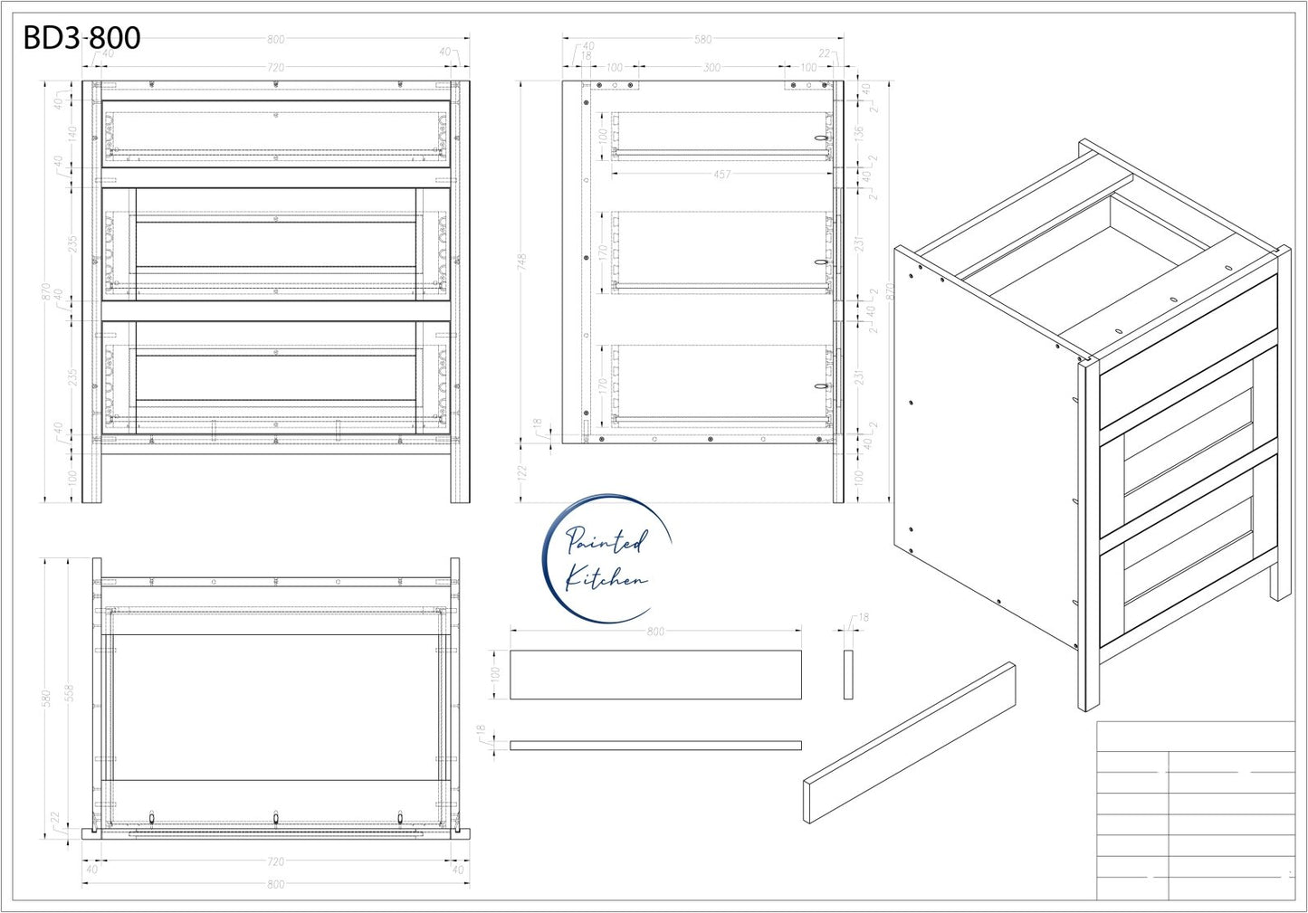 BD3 800 - 800mm Wide 3 drawer base unit - The Painted Kitchen Company Ltd