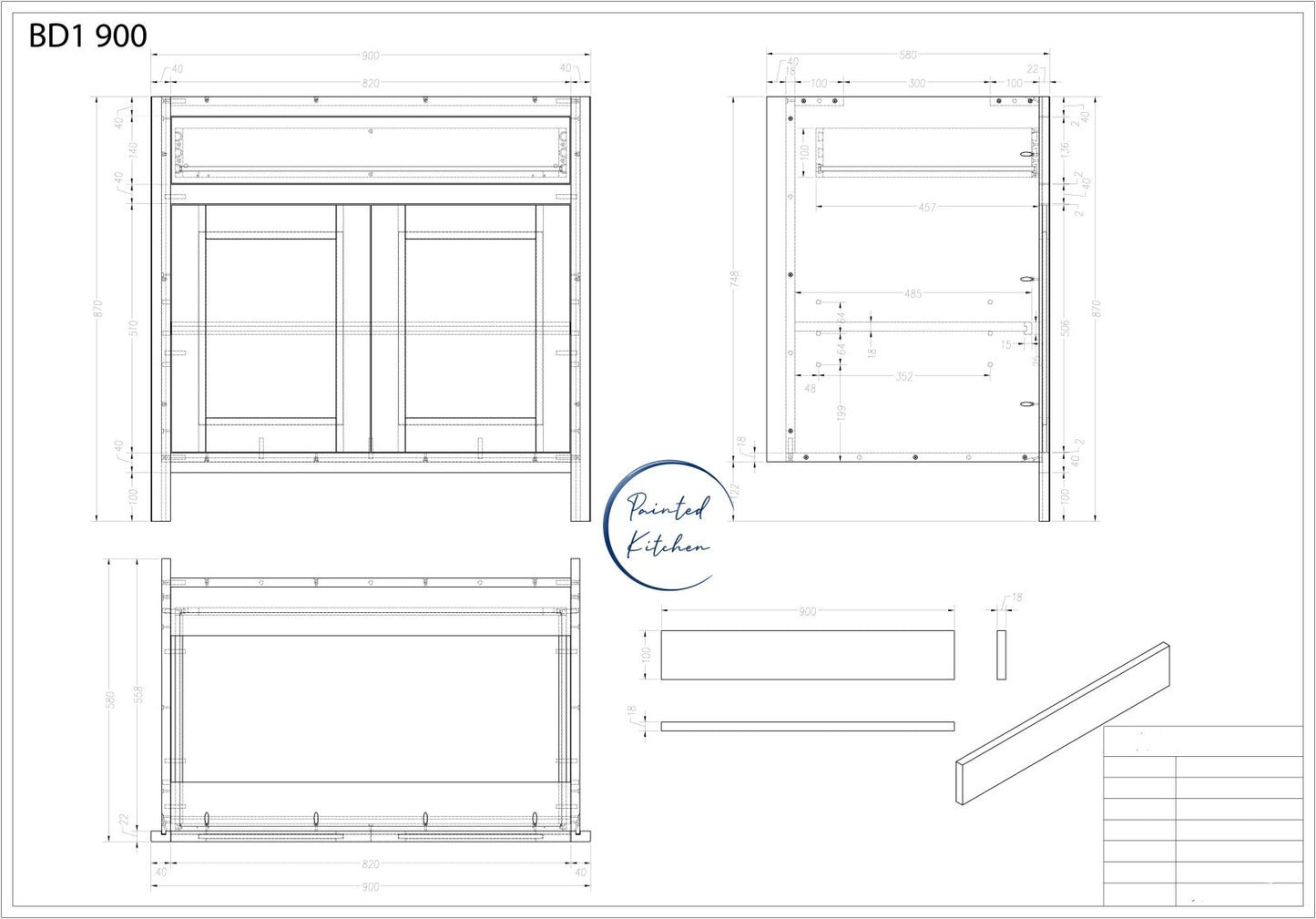 BDL 900 - 900mm Wide Drawerline base, 1 drawer, 2 door - The Painted Kitchen Company Ltd