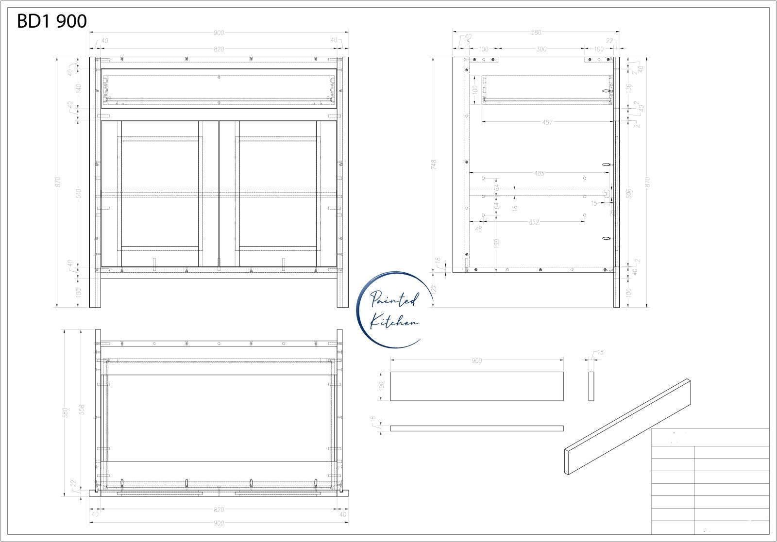 BDL 900 - 900mm Wide Drawerline base, 1 drawer, 2 door - The Painted Kitchen Company Ltd