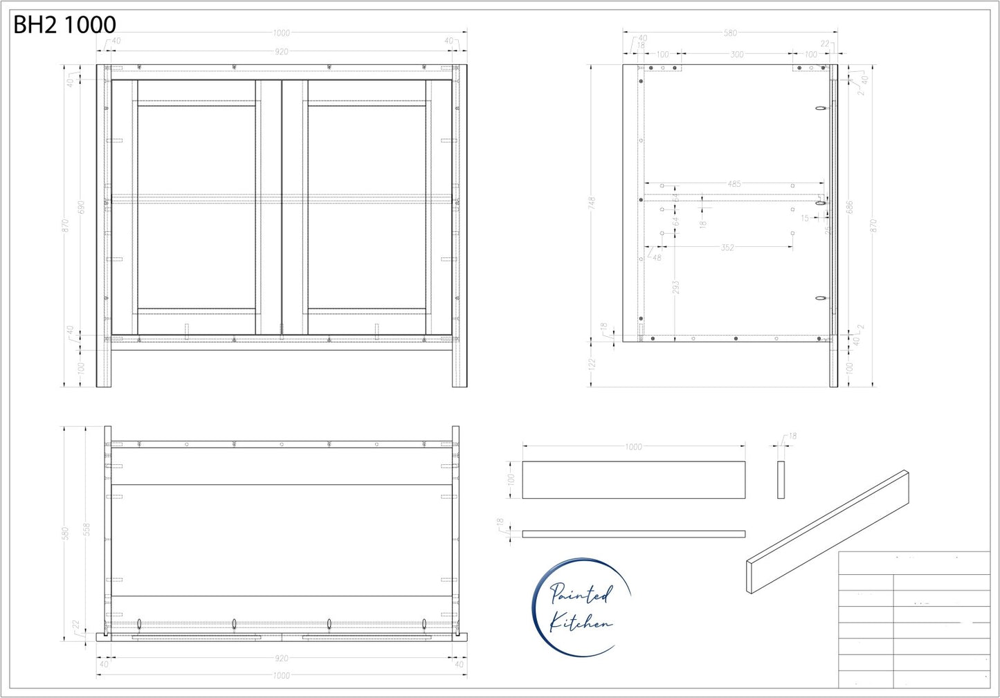 BH 1000 - 1000mm Highline Double Door Base Unit - The Painted Kitchen Company Ltd