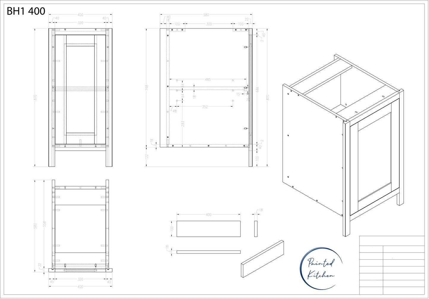 BH 400 - 400mm Highline single door base unit - The Painted Kitchen Company Ltd