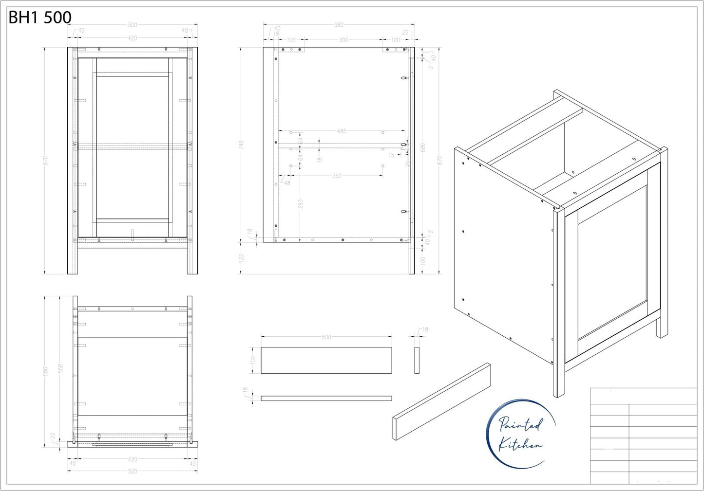 BH 500 - 500mm Highline single door base unit - The Painted Kitchen Company Ltd