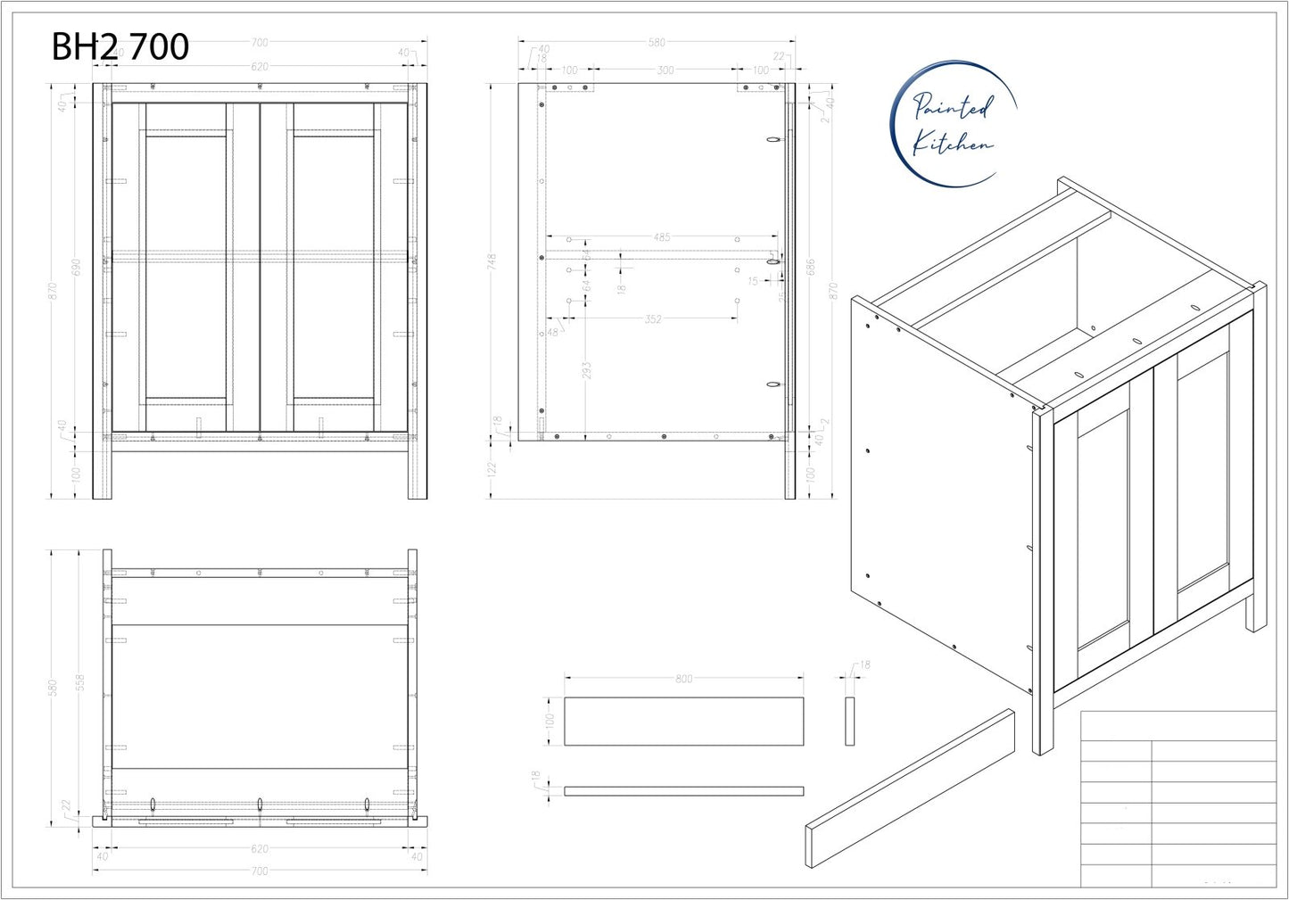 BH 700 - 700mm Highline double door base unit - The Painted Kitchen Company Ltd