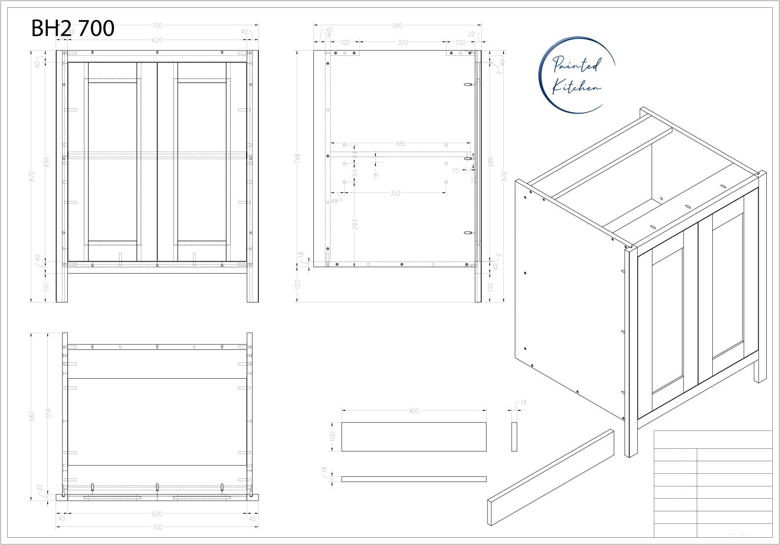 BH 700 - 700mm Highline double door base unit - The Painted Kitchen Company Ltd