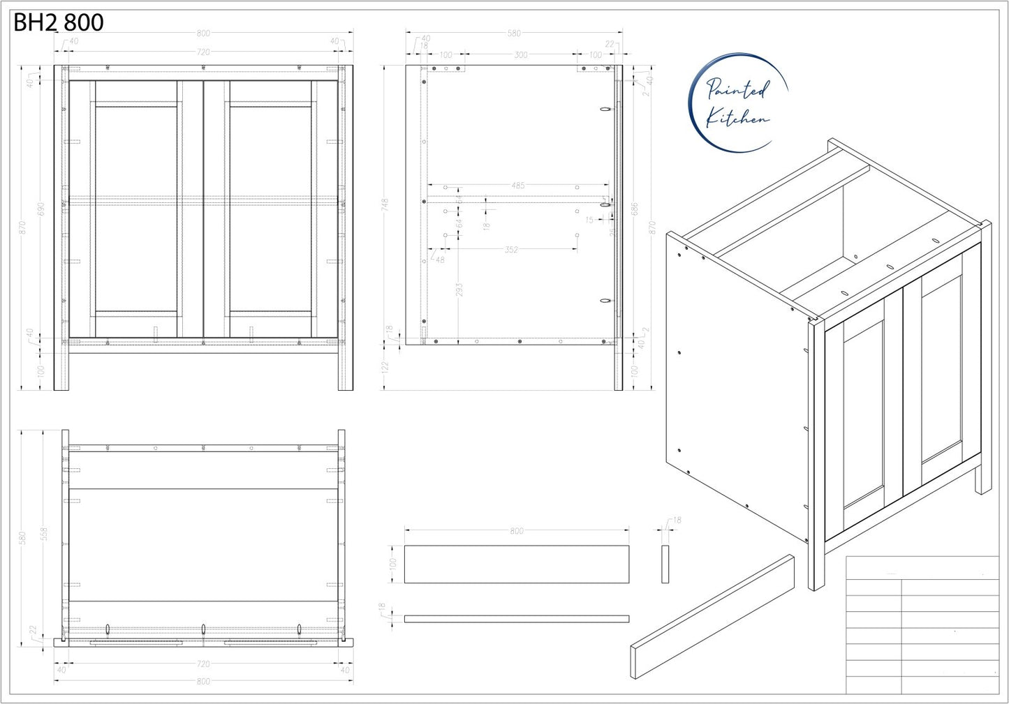 BH 800 - 800mm Highline double door base unit - The Painted Kitchen Company Ltd
