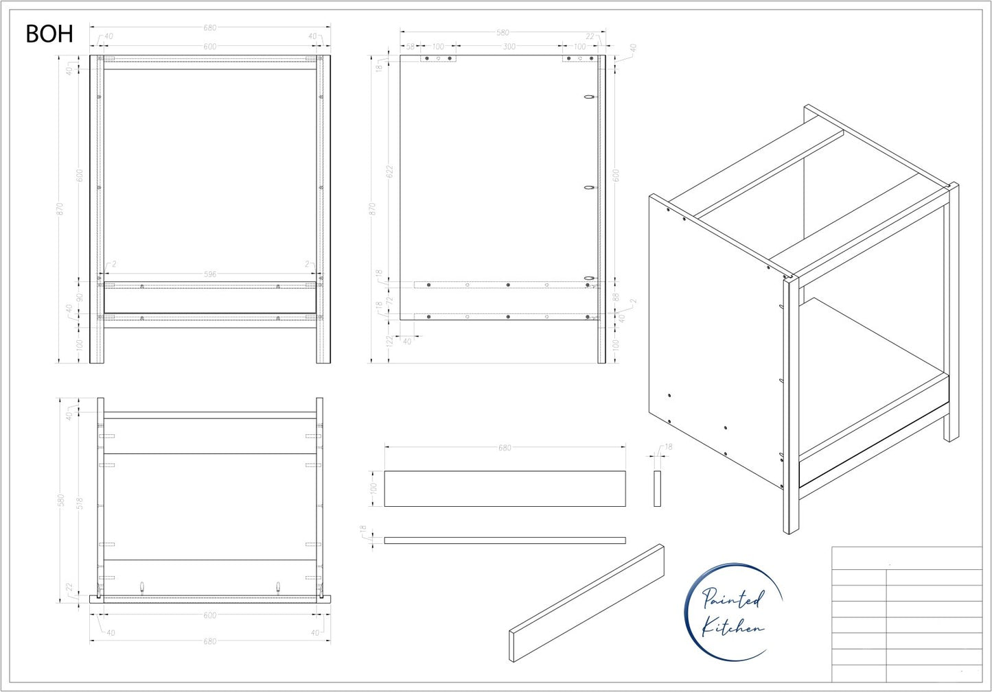 BOH - 680mm Wide Base oven Housing with 1 x 600mm opening - The Painted Kitchen Company Ltd