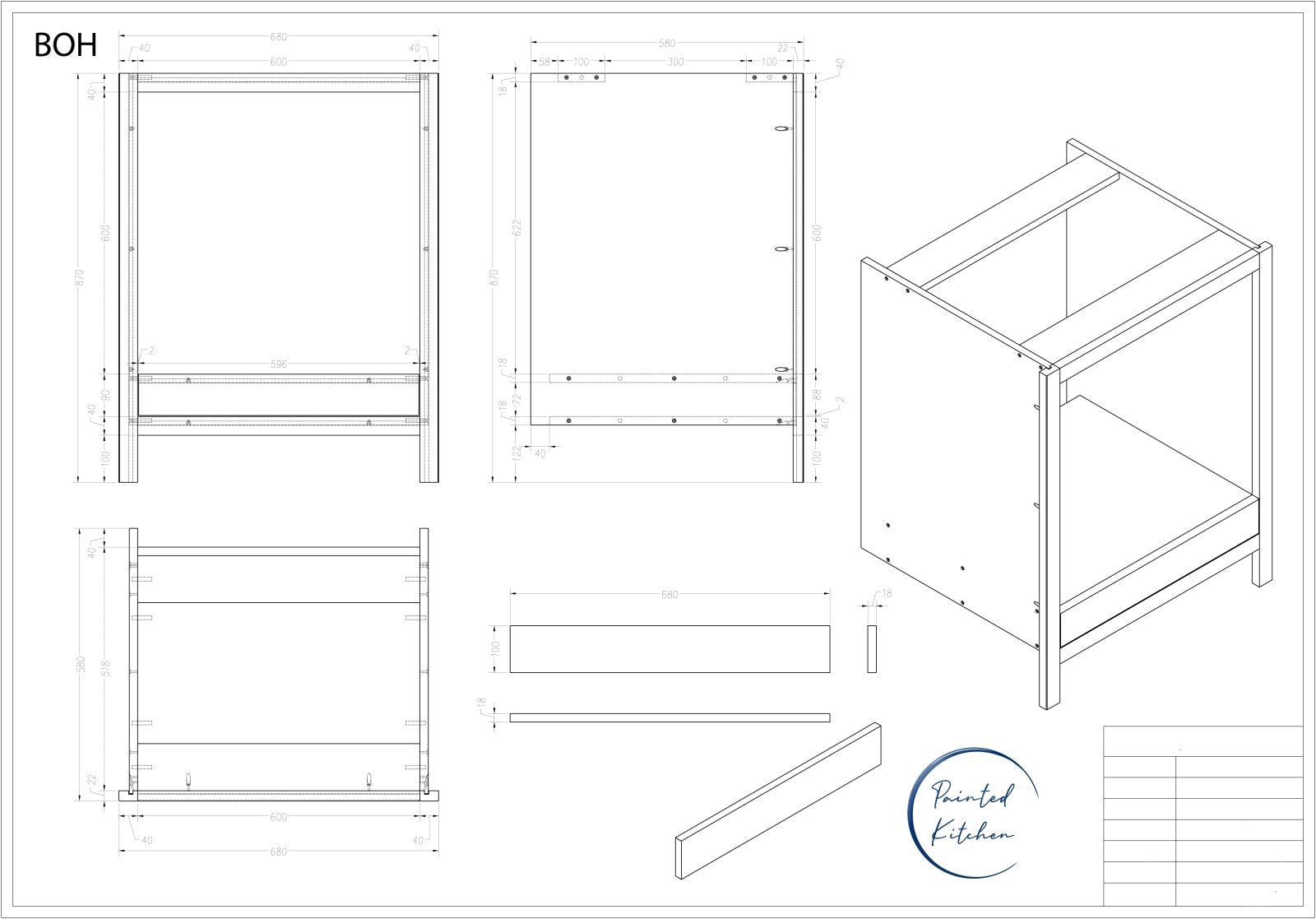 BOH - 680mm Wide Base oven Housing with 1 x 600mm opening - The Painted Kitchen Company Ltd
