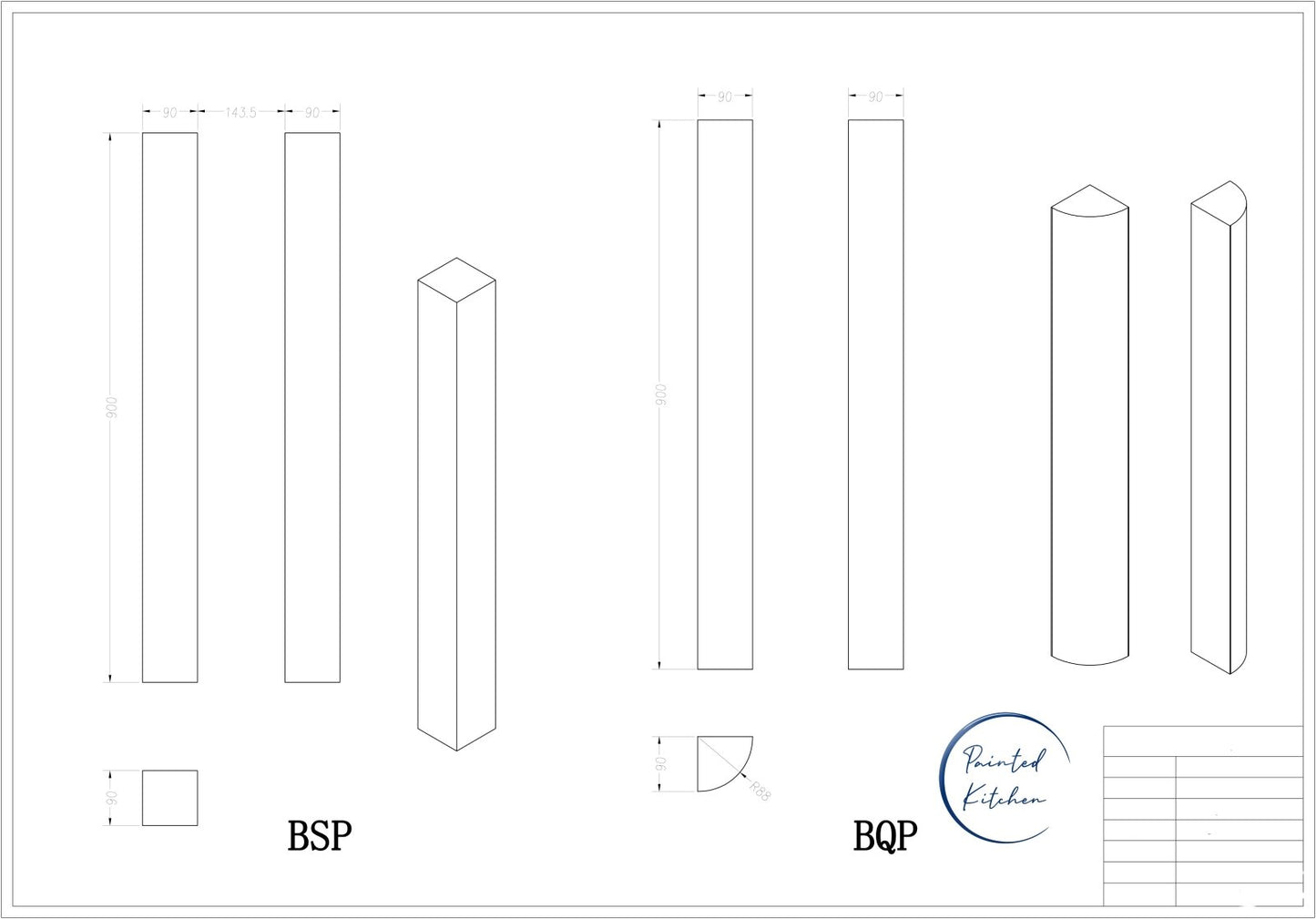 BSP BQP - Base Square Pilaster or Base Quadrant Pilaster - The Painted Kitchen Company Ltd