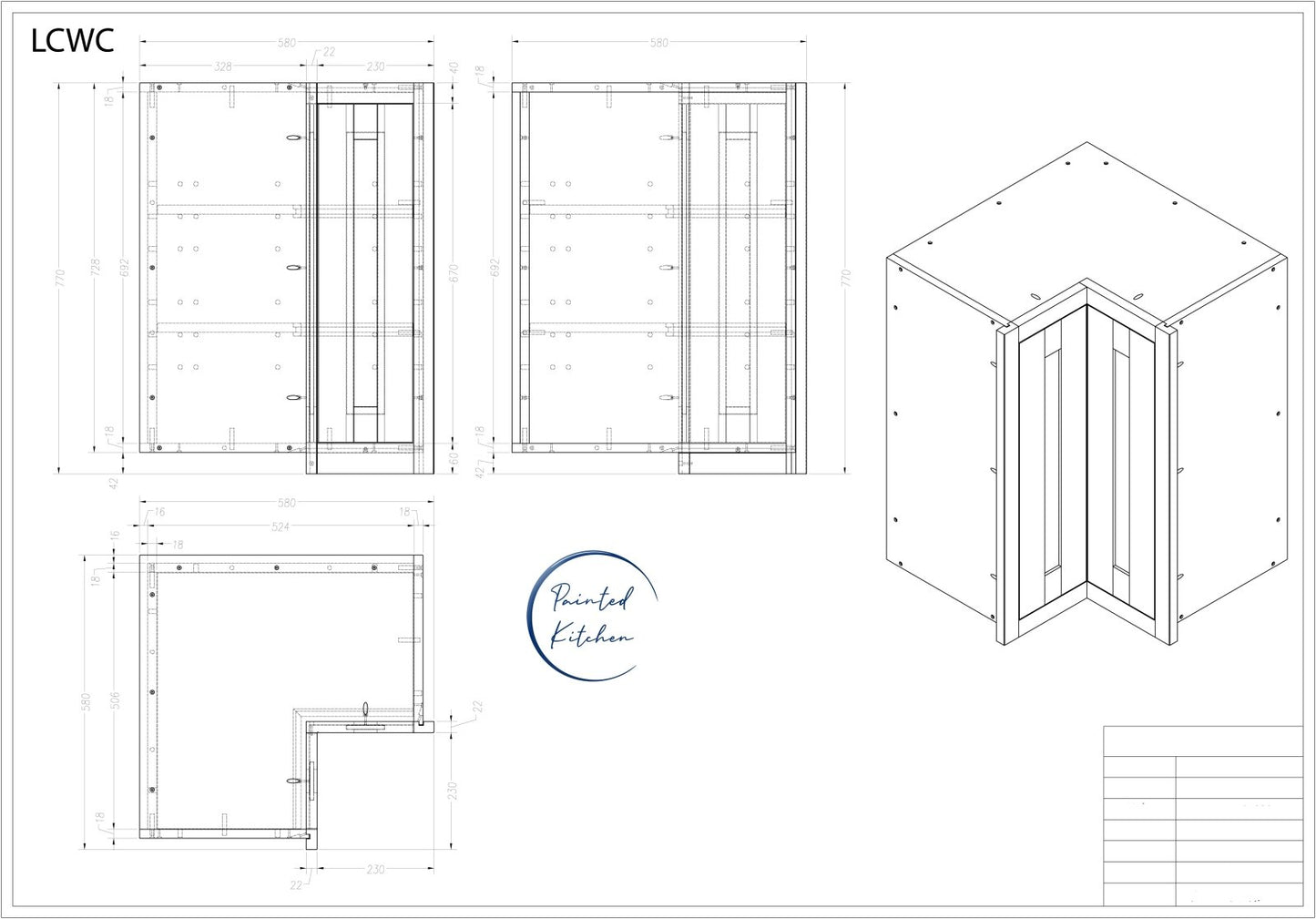 LCW - 600 x 600 Wide L shaped corner wall cabinet - The Painted Kitchen Company Ltd
