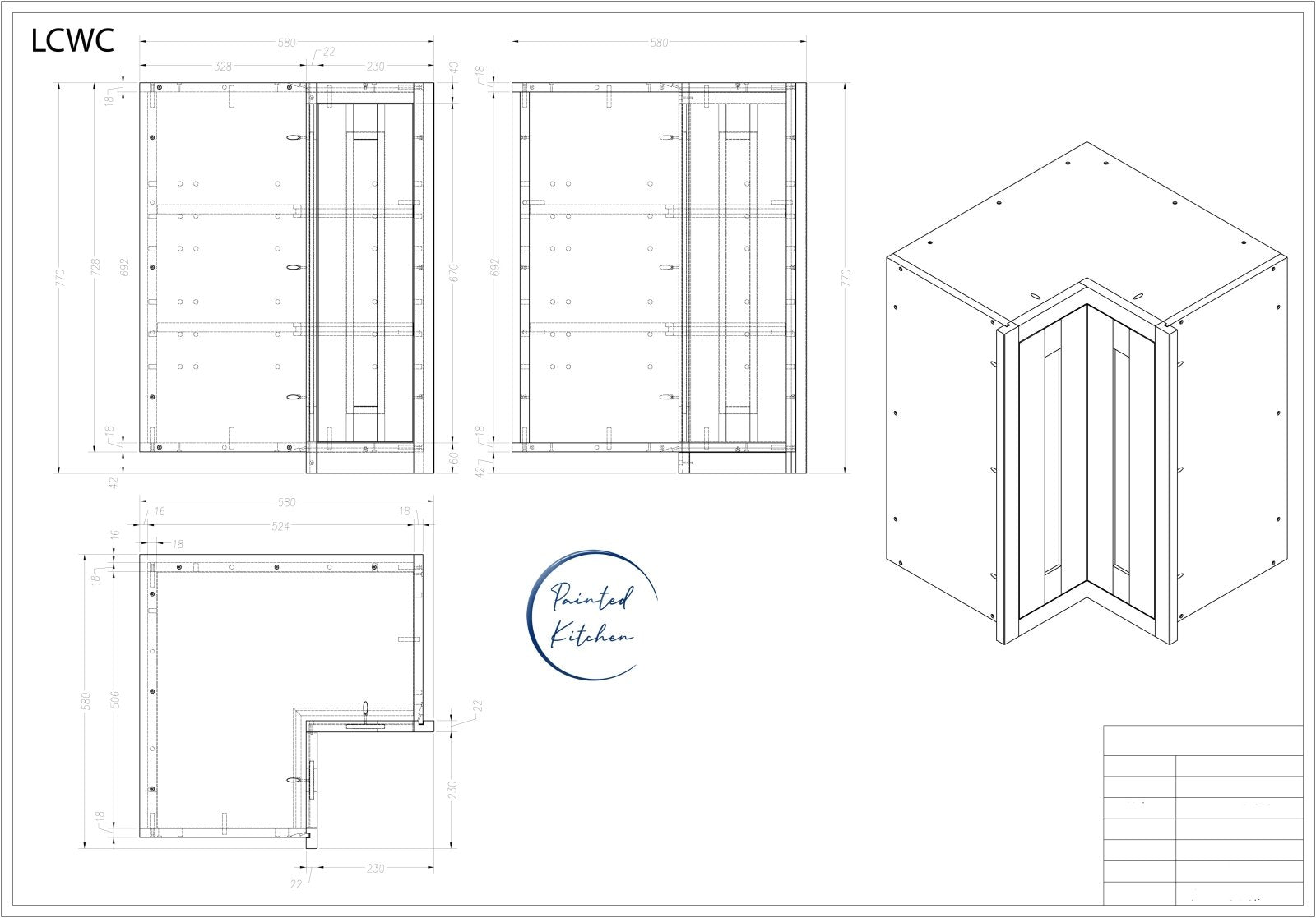 LCW - 600 x 600 Wide L shaped corner wall cabinet - The Painted Kitchen Company Ltd
