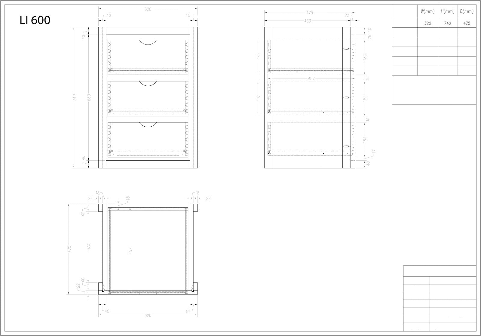 LI 600 - Set of 3 Internal drawers for a 600 larder - The Painted Kitchen Company Ltd