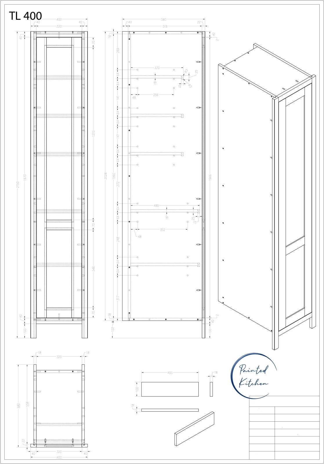 TL 400 - 400mm Wide Tall single door larder Unit - The Painted Kitchen Company Ltd