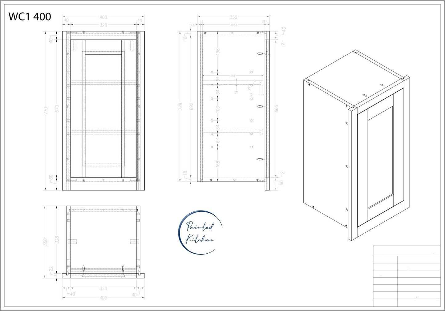 WC 400 - 400mm Wide Single door Wall Cabinet - The Painted Kitchen Company Ltd