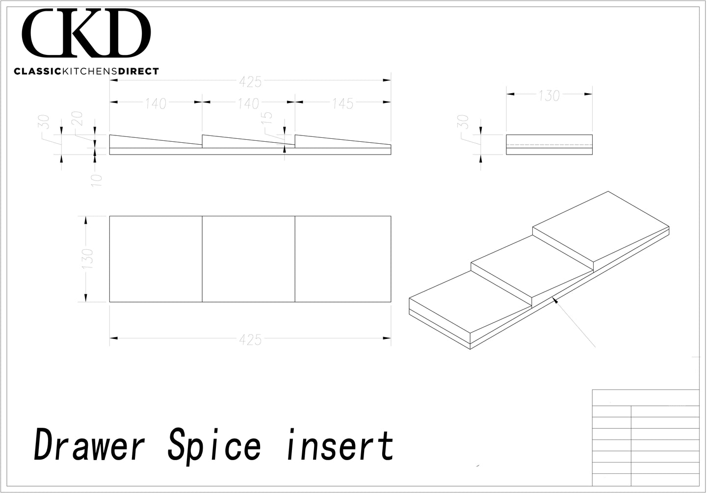 Drawer spice insert for handmade kitchen