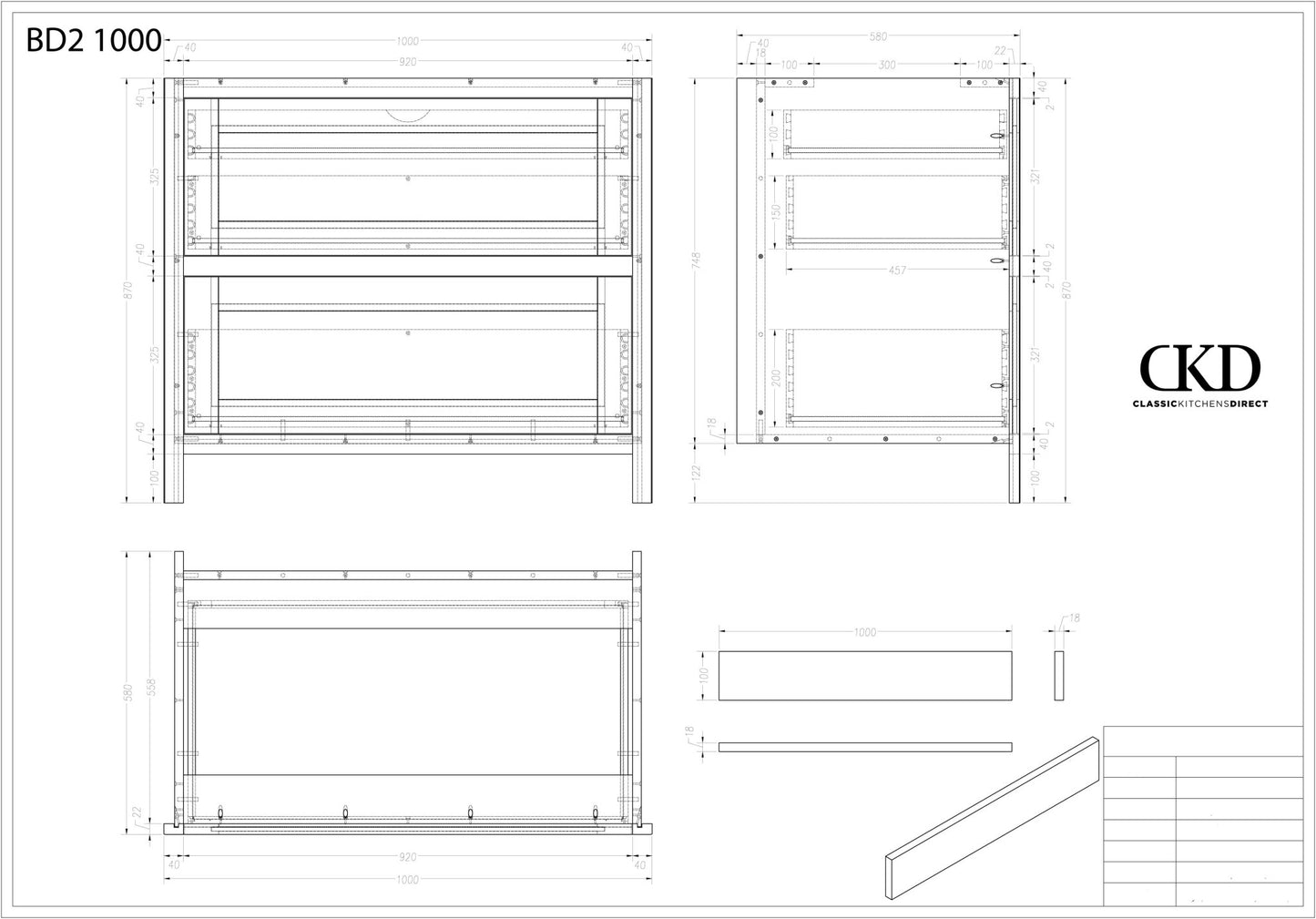 BD2 1000 - 1000mm Wide 2 Drawer plus a hidden internal drawer - Classic Kitchens Direct