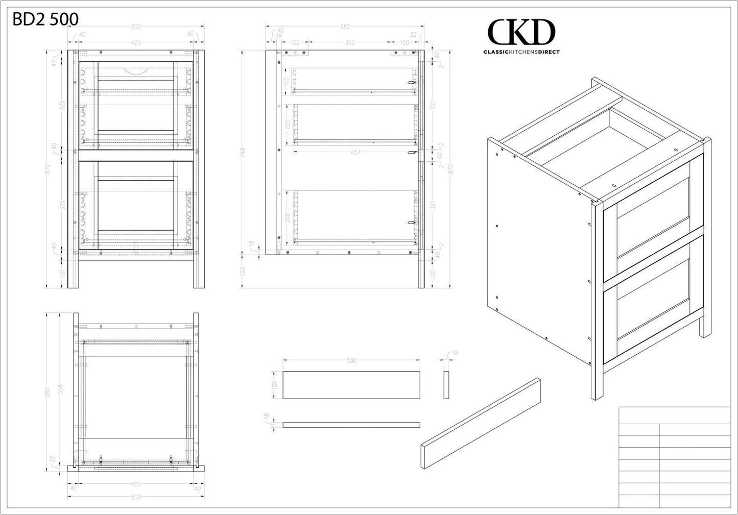 BD2 500 - 500mm Wide 2 drawer base plus a hidden internal drawer - Classic Kitchens Direct