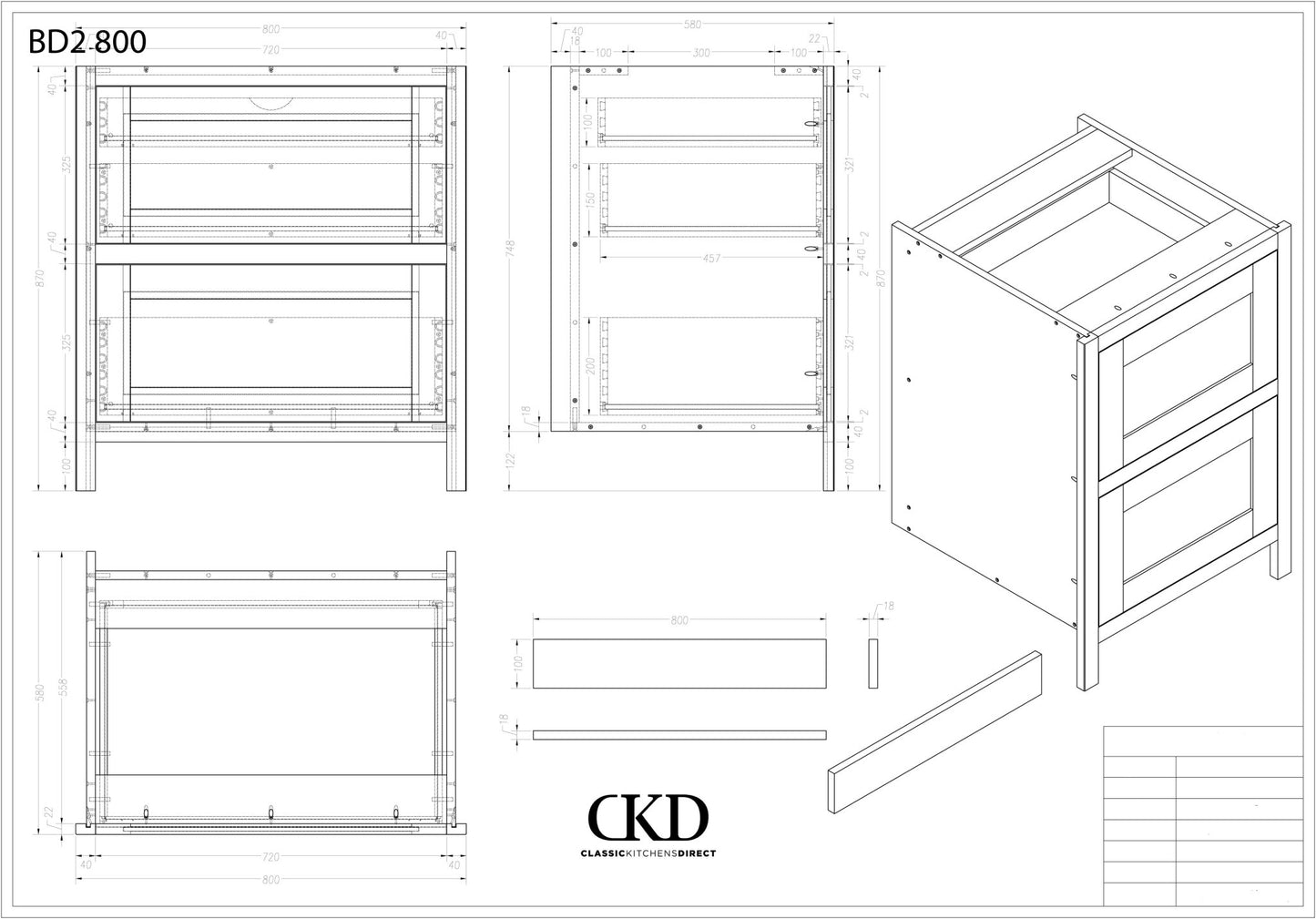 BD2 800 - 800mm 2 drawer base plus a hidden internal drawer - Classic Kitchens Direct