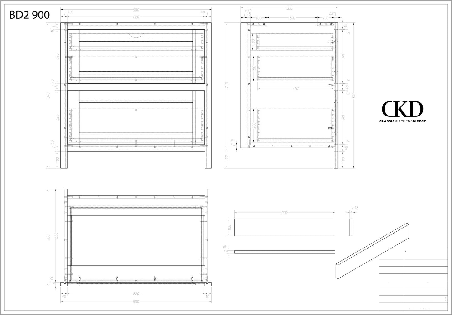 BD2 900 - 900mm Wide 2 drawer base plus a hidden internal drawer - Classic Kitchens Direct