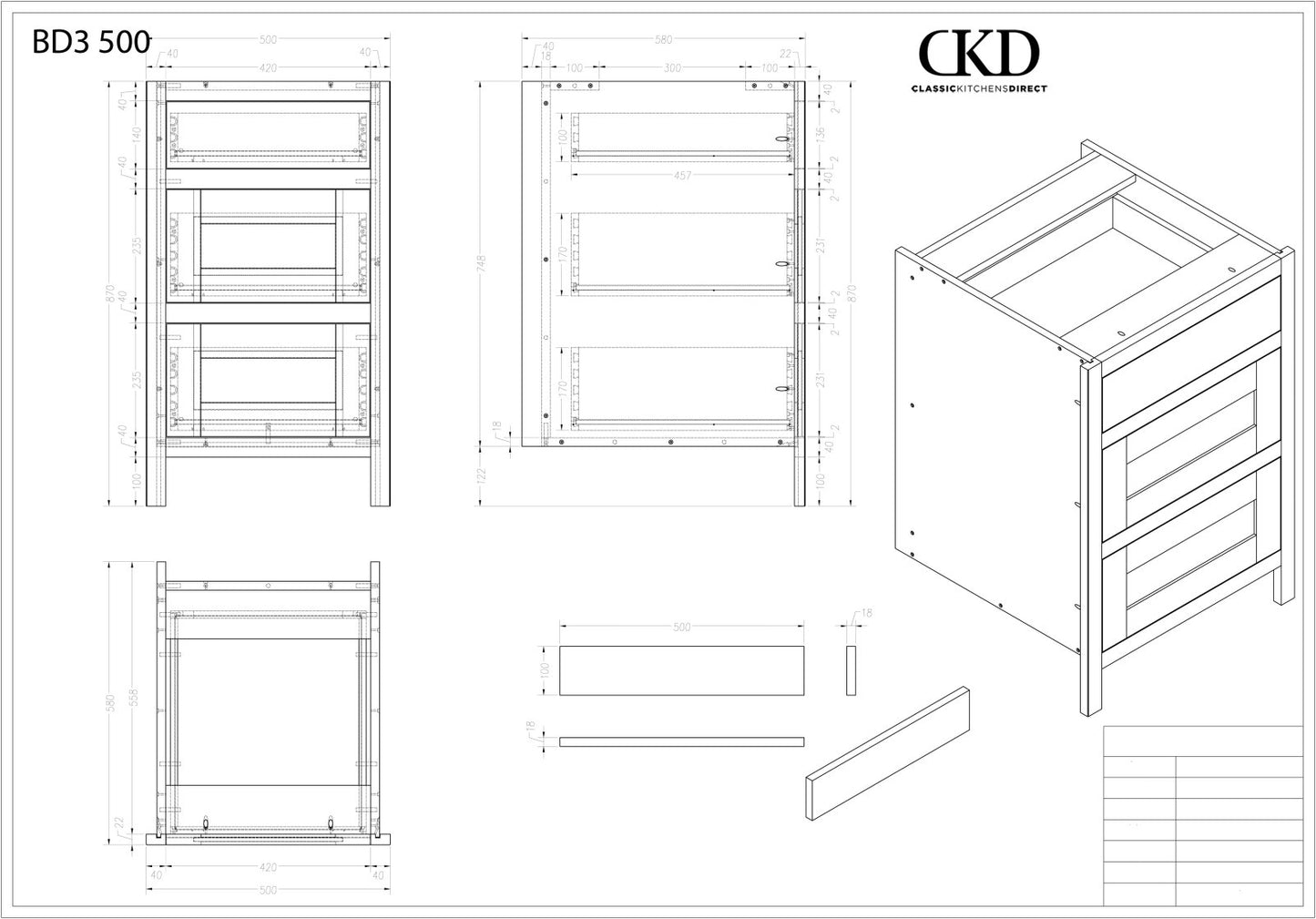 BD3 500 - 500mm Wide 3 drawer base unit - Classic Kitchens Direct