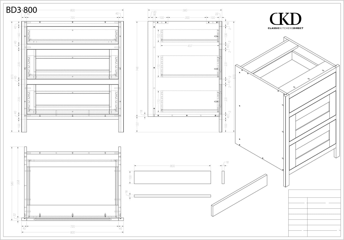 BD3 800 - 800mm Wide 3 drawer base unit - Classic Kitchens Direct