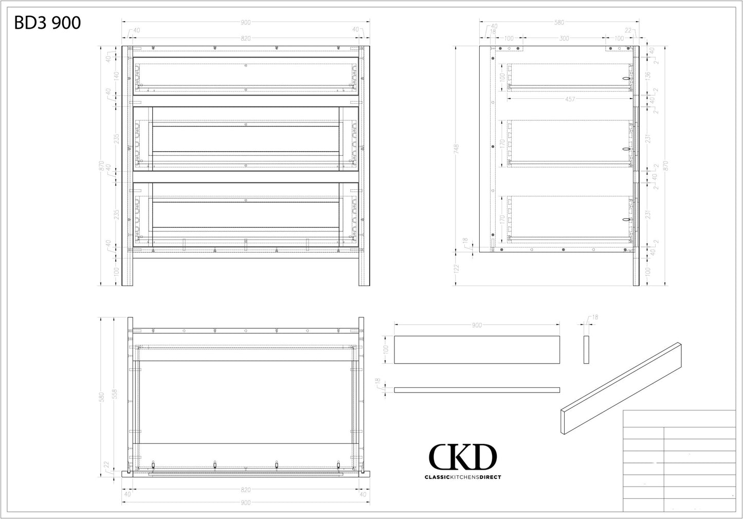 BD3 900 - 900mm Wide 3 drawer base unit - Classic Kitchens Direct