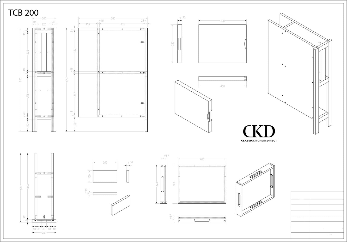 TCB 200 - 200mm Wide Tray and Chopping board space, 2 x Trays and 2 x Chopping boards included - Classic Kitchens Direct