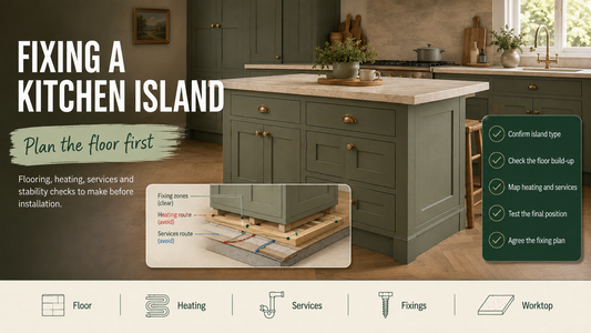 Painted green Shaker kitchen island with a floor cutaway showing fixings, underfloor heating and service routes.