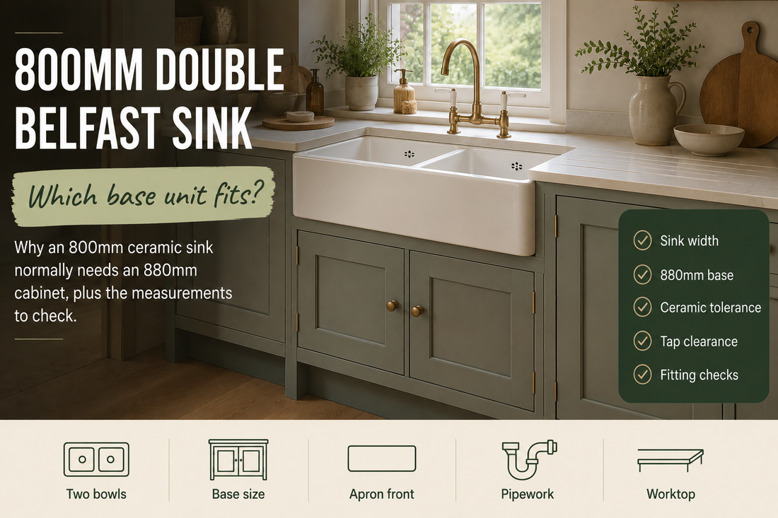 White 800mm double Belfast sink fitted into an 880mm painted Shaker sink base cabinet.