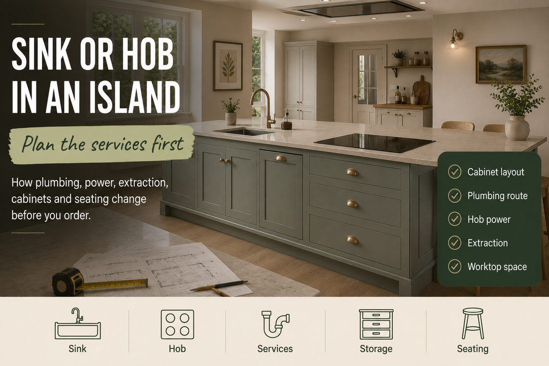 Large painted kitchen island with a sink, induction hob, storage and seating planned around the services.
