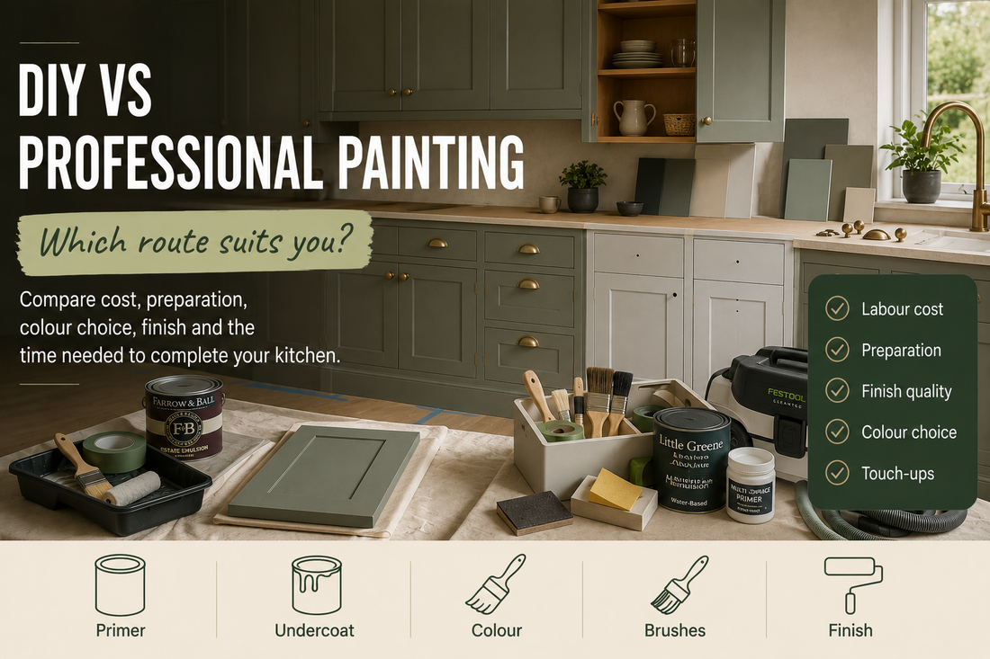 Painted Shaker kitchen with a primed cabinet section, colour samples and tools comparing DIY and professional hand-painting.