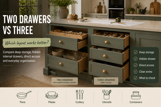 Two 900mm painted kitchen drawer cabinets comparing two deep drawers with a hidden internal drawer against three visible drawers.