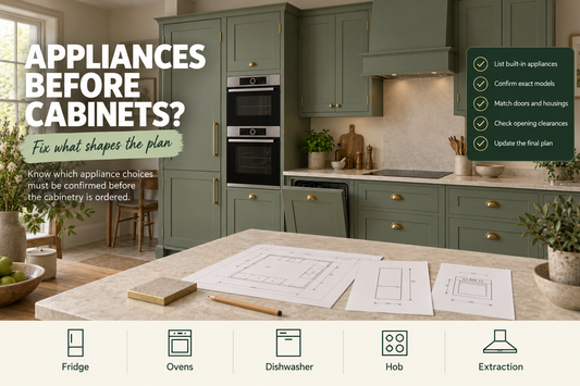 Painted Shaker kitchen with integrated fridge, ovens, dishwasher and appliance plans ready for final cabinet checks.