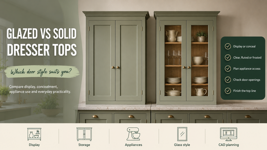 Matching solid-door and glazed-door painted Shaker kitchen dresser tops compared above worktops.
