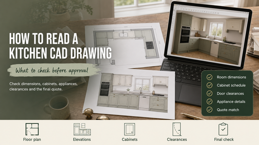 Kitchen CAD floor plan, elevation and three-dimensional painted Shaker kitchen used to check a layout before approval.