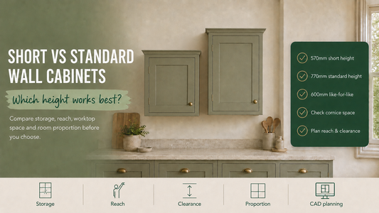 Short 570mm and standard 770mm painted Shaker wall cabinets compared in a British kitchen.