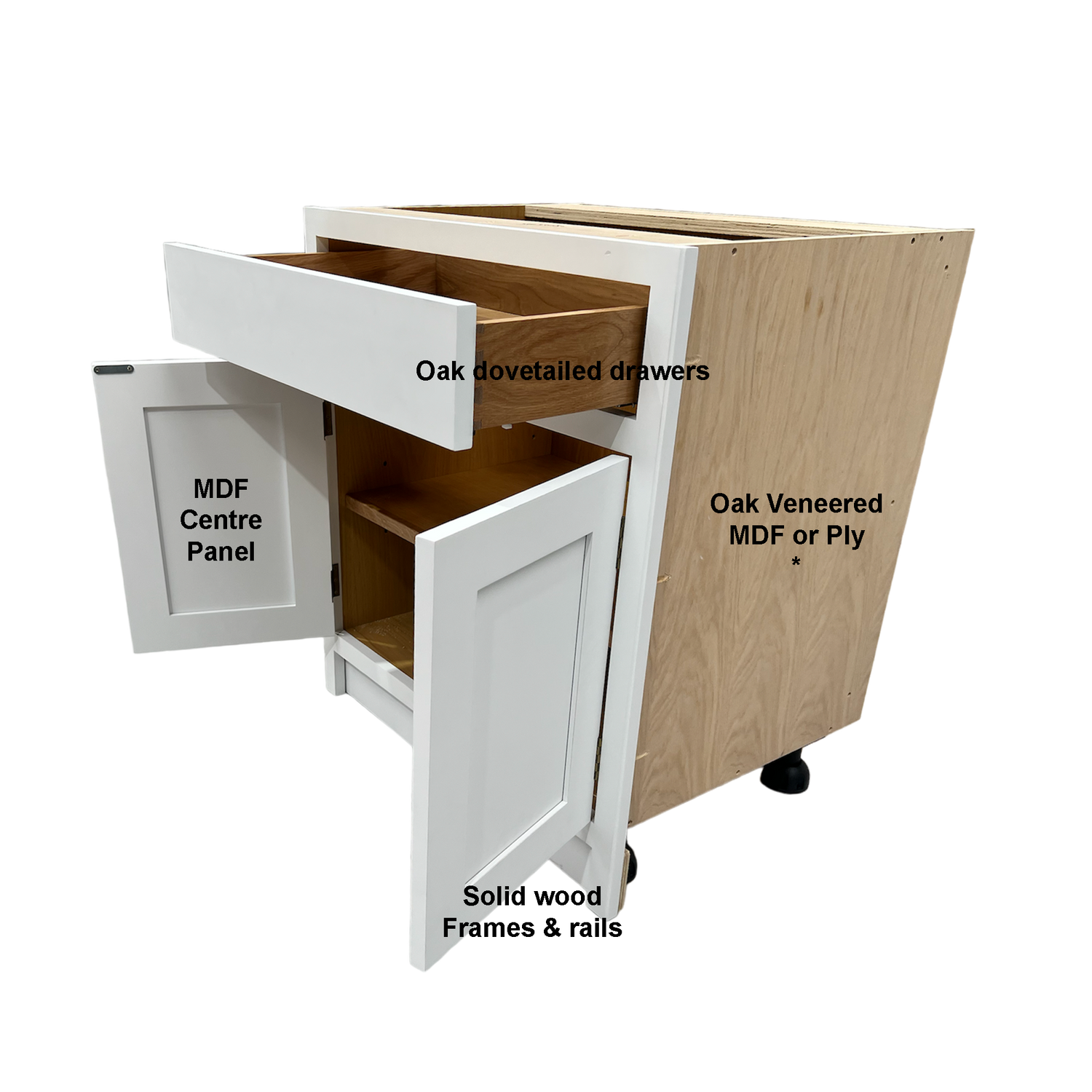 Wooden cabinet with open doors showing MDF center panel, oak dovetailed drawers, and solid wood frames on a white background.
