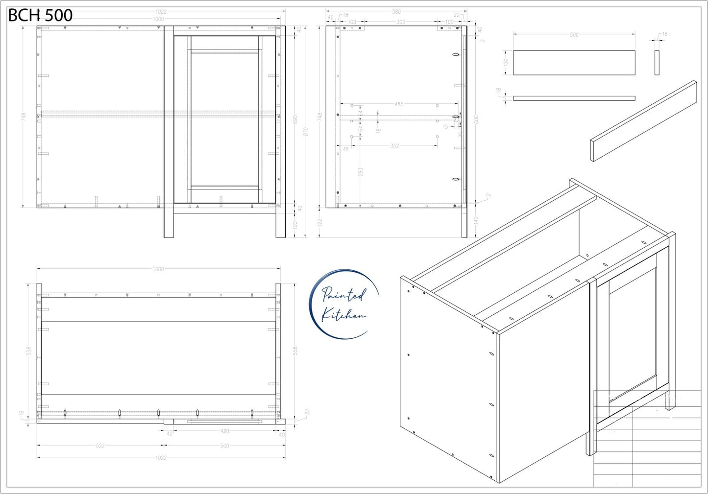 BCH 500 - Blind corner with 500mm door and frame - The Painted Kitchen Company Ltd