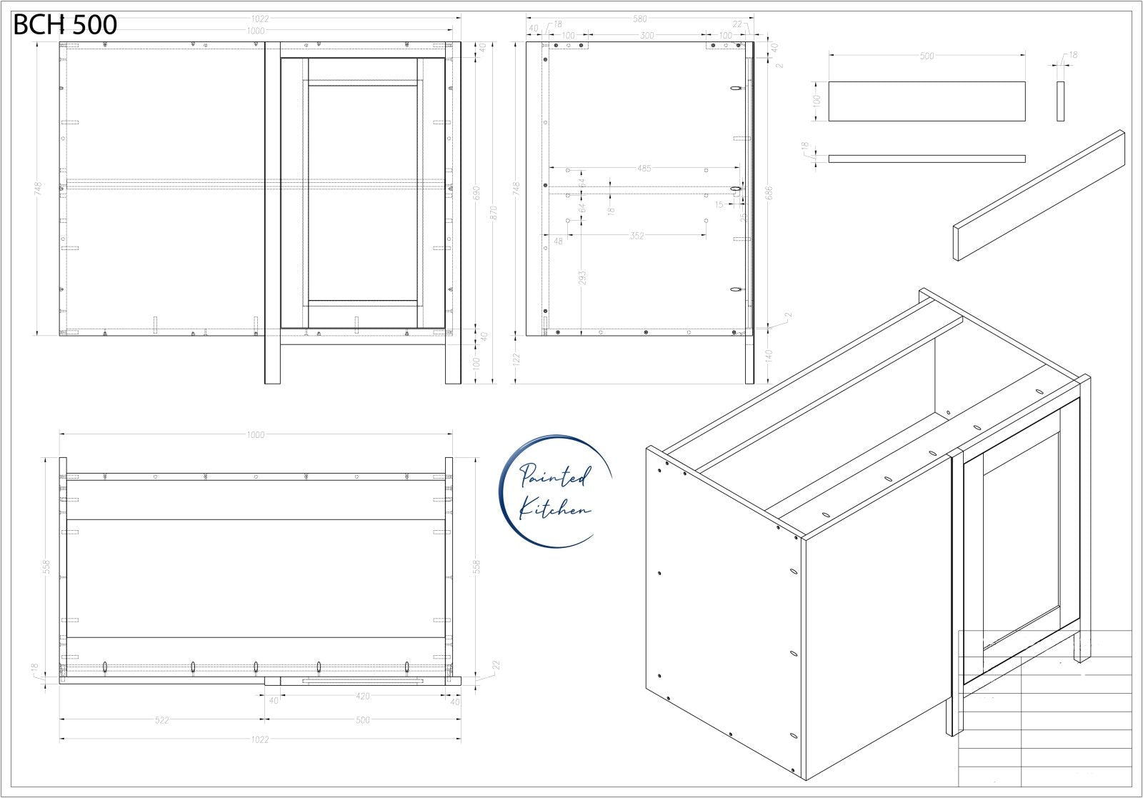 BCH 500 - Blind corner with 500mm door and frame - The Painted Kitchen Company Ltd