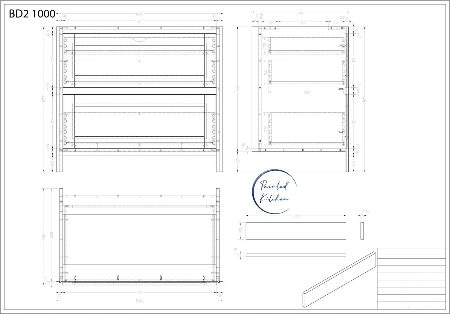 BD2 1000 - 1000mm Wide 2 Drawer plus a hidden internal drawer - The Painted Kitchen Company Ltd