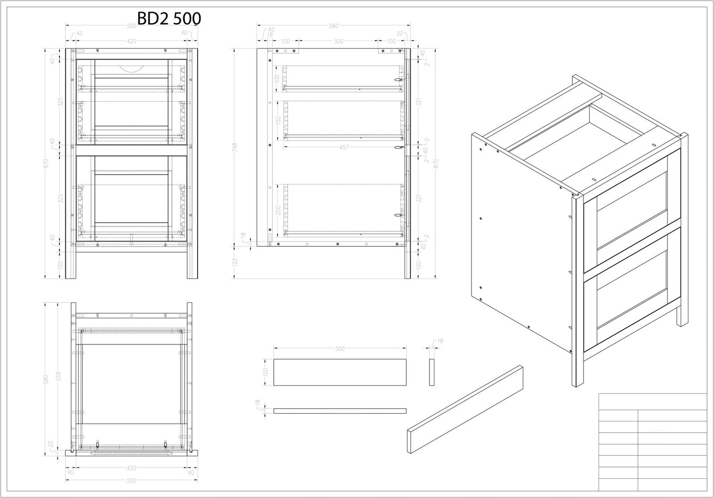 BD2 500 - 500mm Wide 2 drawer base plus a hidden internal drawer - The Painted Kitchen Company Ltd