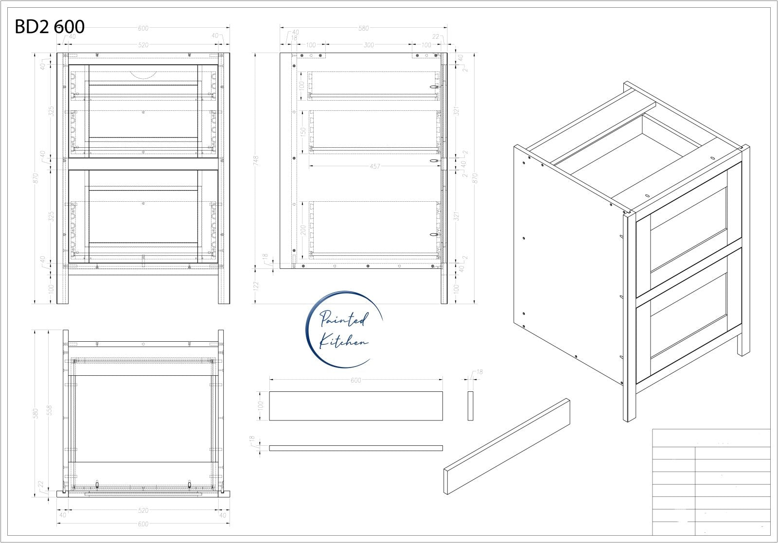 BD2 600 - 600mm Wide 2 drawer base plus a hidden internal drawer - The Painted Kitchen Company Ltd