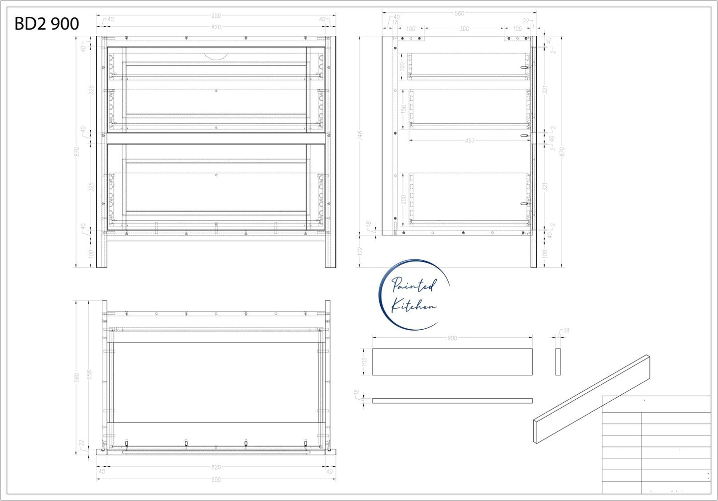 BD2 900 - 900mm Wide 2 drawer base plus a hidden internal drawer - The Painted Kitchen Company Ltd