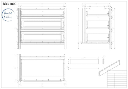 BD3 1000 - 1000mm Wide 3 drawer base unit - The Painted Kitchen Company Ltd