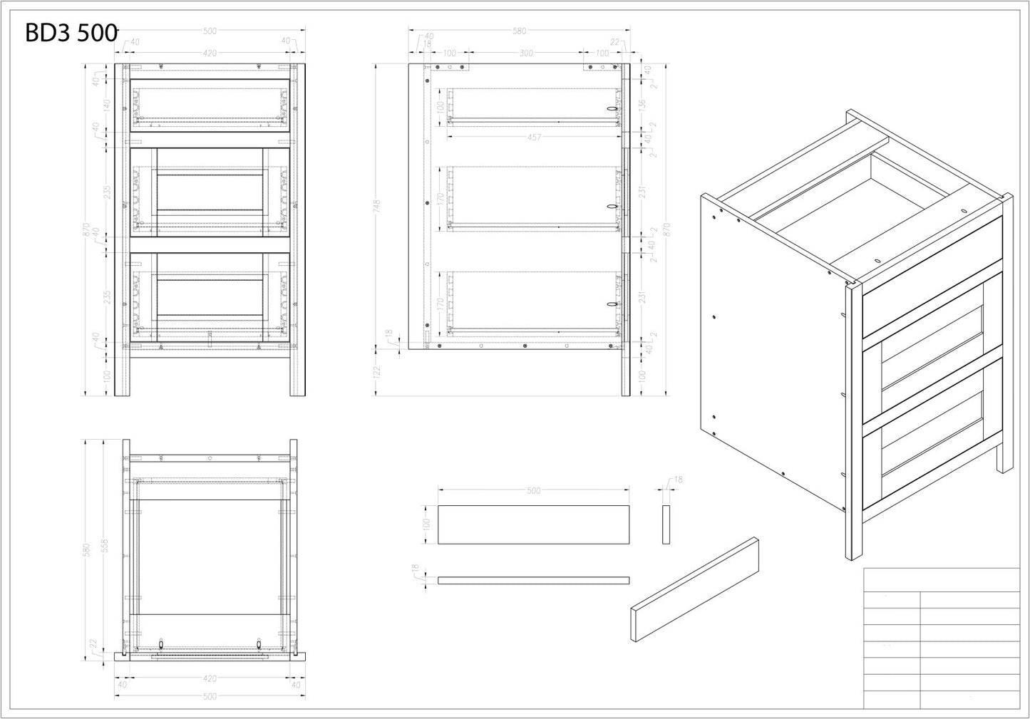 BD3 500 - 500mm Wide 3 drawer base unit - The Painted Kitchen Company Ltd