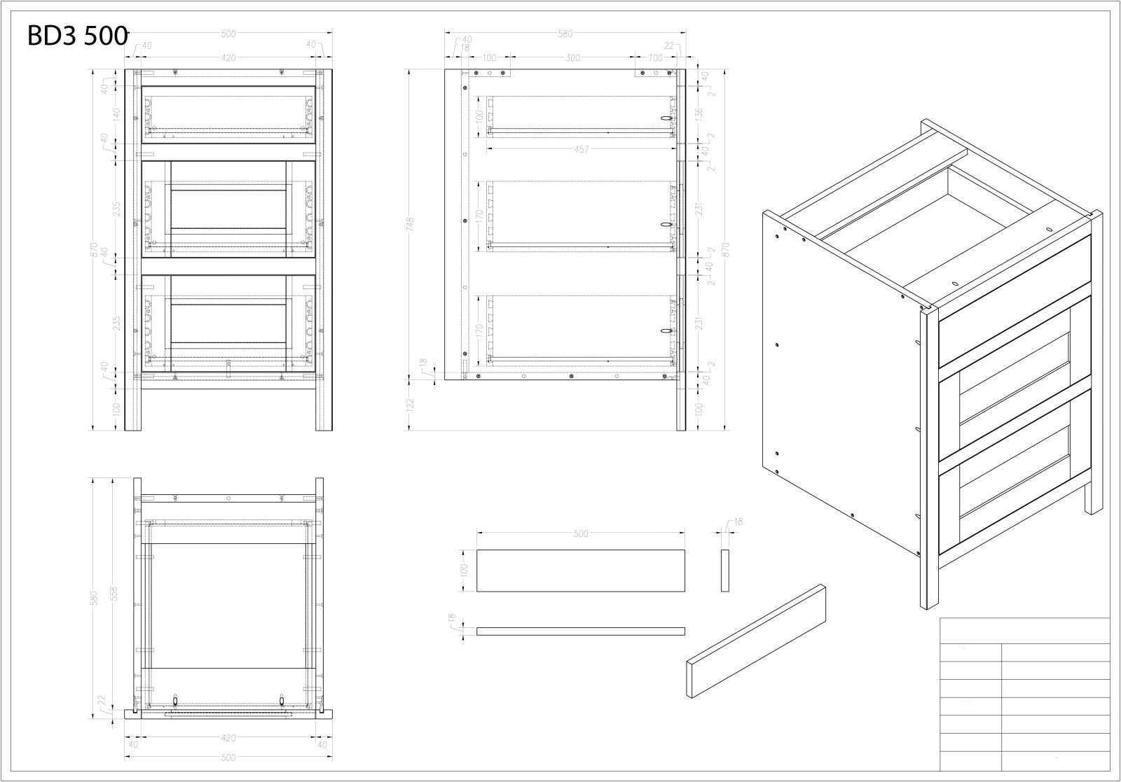 BD3 500 - 500mm Wide 3 drawer base unit - The Painted Kitchen Company Ltd