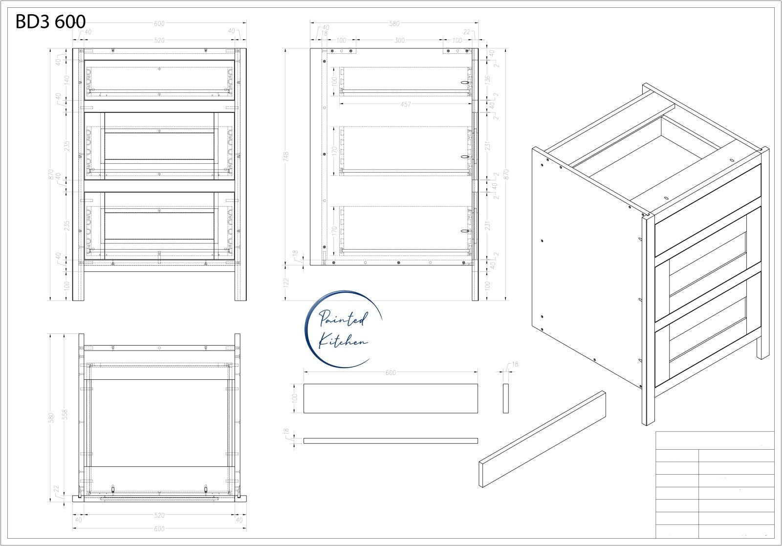 BD3 600 - 600mm Wide 3 drawer base unit - The Painted Kitchen Company Ltd